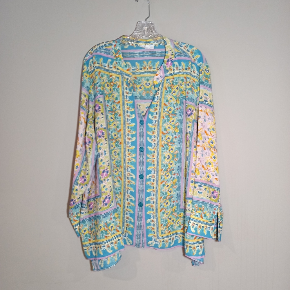 Cynthia Rowley Multicolor Mixed Pattern Plus Size Button Front Top 2X